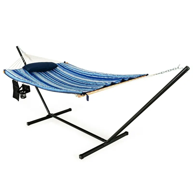 12-Foot 2-Person Hammock With Heavy-Duty Steel Stand – 450 Lb Capacity, Blue & Beige Striped 1
