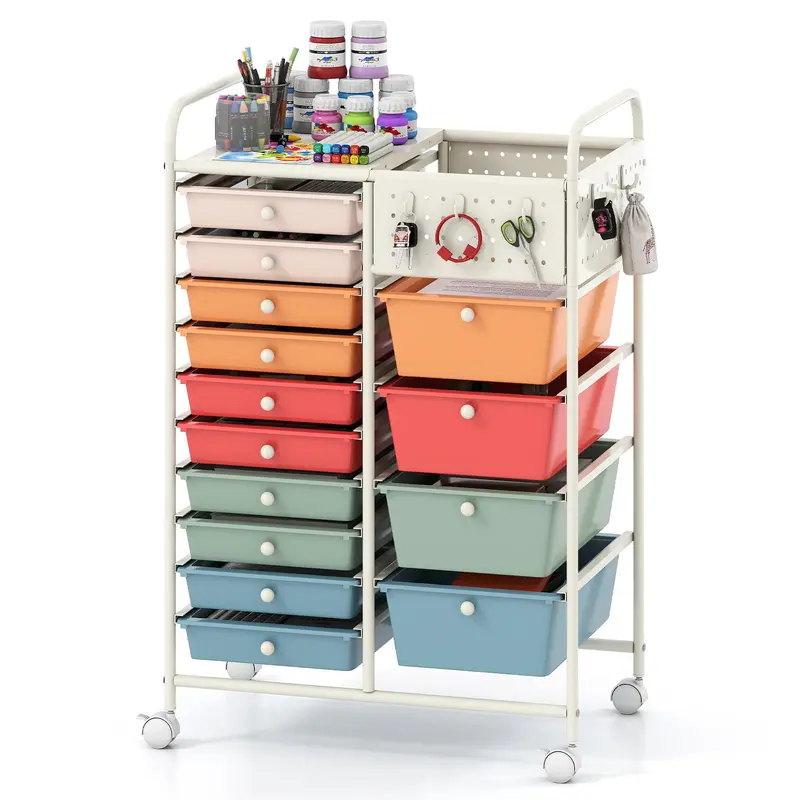 14-Drawer Rolling Storage Cart With Metallic Tabletop And Customizable Pegboard 1