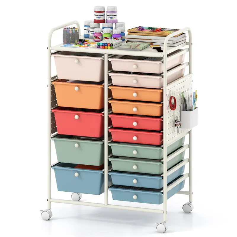 15-Drawer Rolling Craft Cart With Metal Work Surface And Pegboard Organizer 1