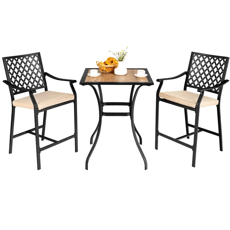 3-Piece Outdoor Bistro Set – Square Bar Table With Matching Cushioned Metal Stools 1