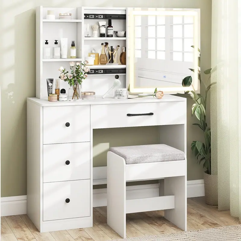 38-Inch Lighted Vanity Desk – Sliding Mirror Design For Compact Bedrooms 1
