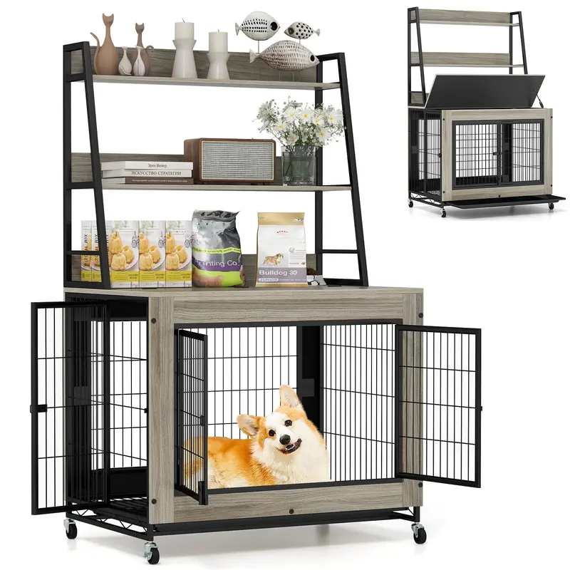 38-Inch Multi-Functional Dog Crate Furniture With Open Shelving Storage 1
