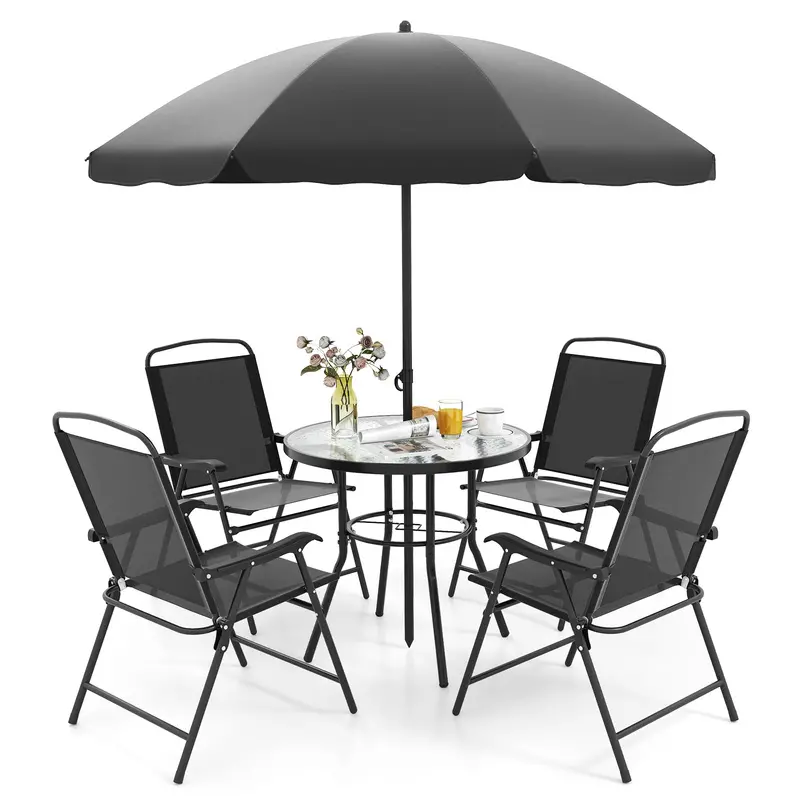 6-Piece Outdoor Dining Set With Tempered Glass Table And Umbrella Hole 1