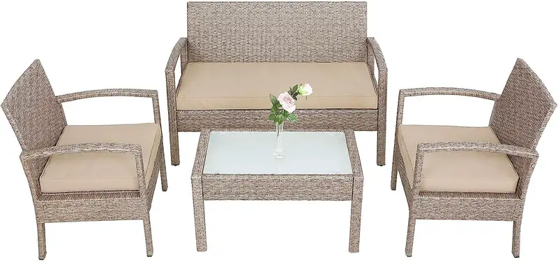 7-Piece Polyrattan Lounge Set – Includes Cushioned Armchairs, Bench & Tempered Glass Table 1