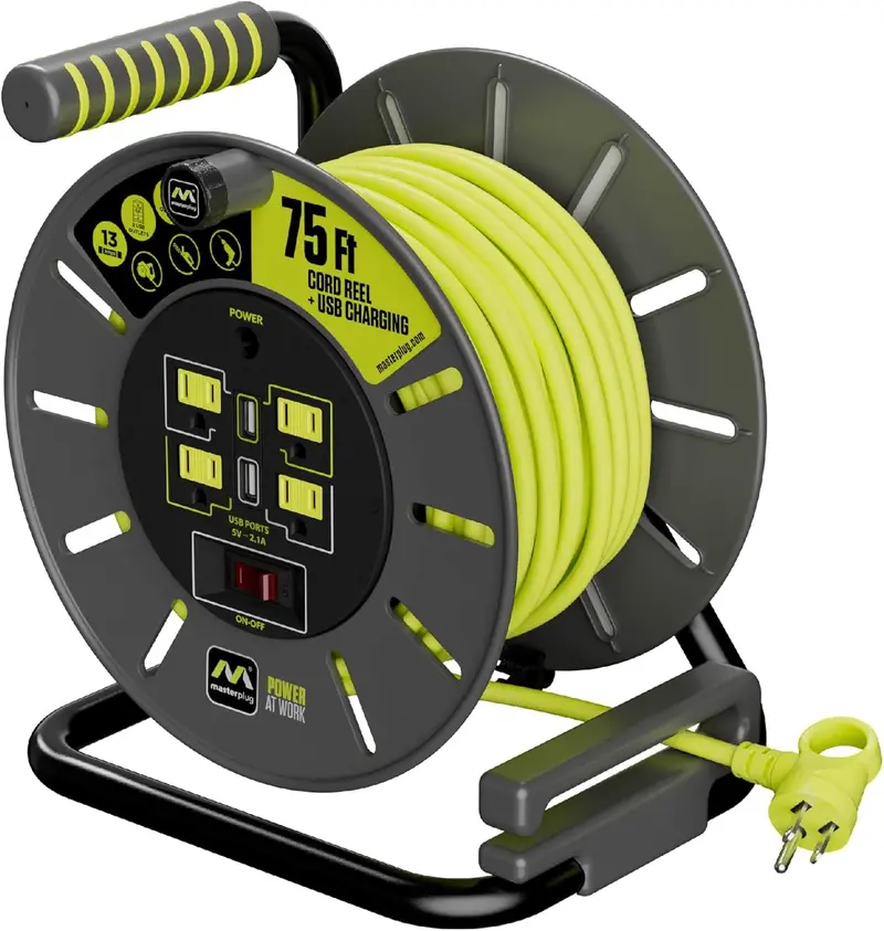 75-Foot Retractable Extension Cord Reel – Heavy-Duty Winding Handle Unit With Safety Circuit Breaker, Power Switch & Quad-Grounded Outlets 1
