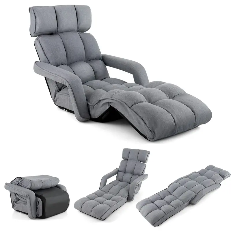 Adjustable Foldable Sofa Bed – 6-Position Lazy Floor Lounge Chair With Armrest & Footrest (Gray) 1