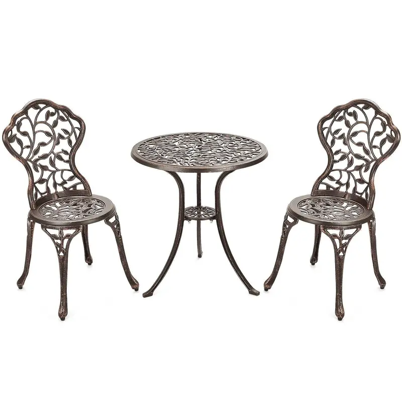 Antique-Style Cast Aluminum Bistro Set – Leaf-Embossed Round Patio Table & Chairs 1