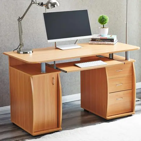 Beech-Finish Computer Desk With Storage Shelves And Two Drawers 1