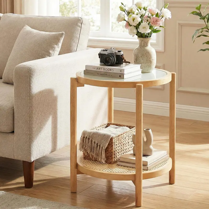 Boho Round Side Table – Two-Tier Rattan Base With Tempered Glass Top 1