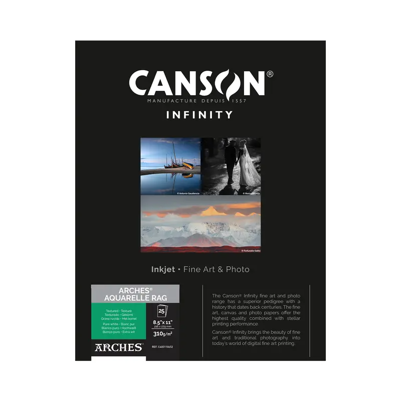Canson Infinity Arches Aquarelle Rag Matte Inkjet Paper – 310 Gsm, Letter Size (8.5×11 Inch), 25-Sheet Pack 1
