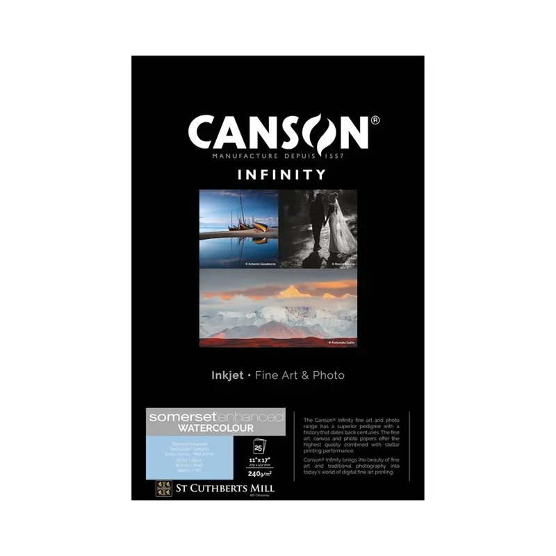 Canson Infinity Somerset Enhanced Rag Paper – 240 Gsm, 11 × 17", White Matte Watercolor Inkjet Stock (25 Sheets) 1