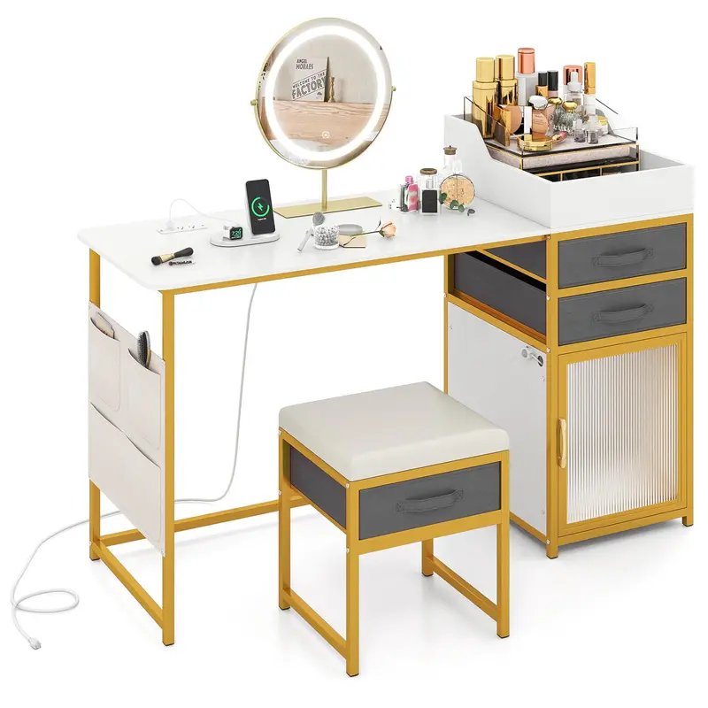 Charmaid 55-Inch Led Vanity Desk – Lighted Fluted Cabinet & Adjustable Mirror 1