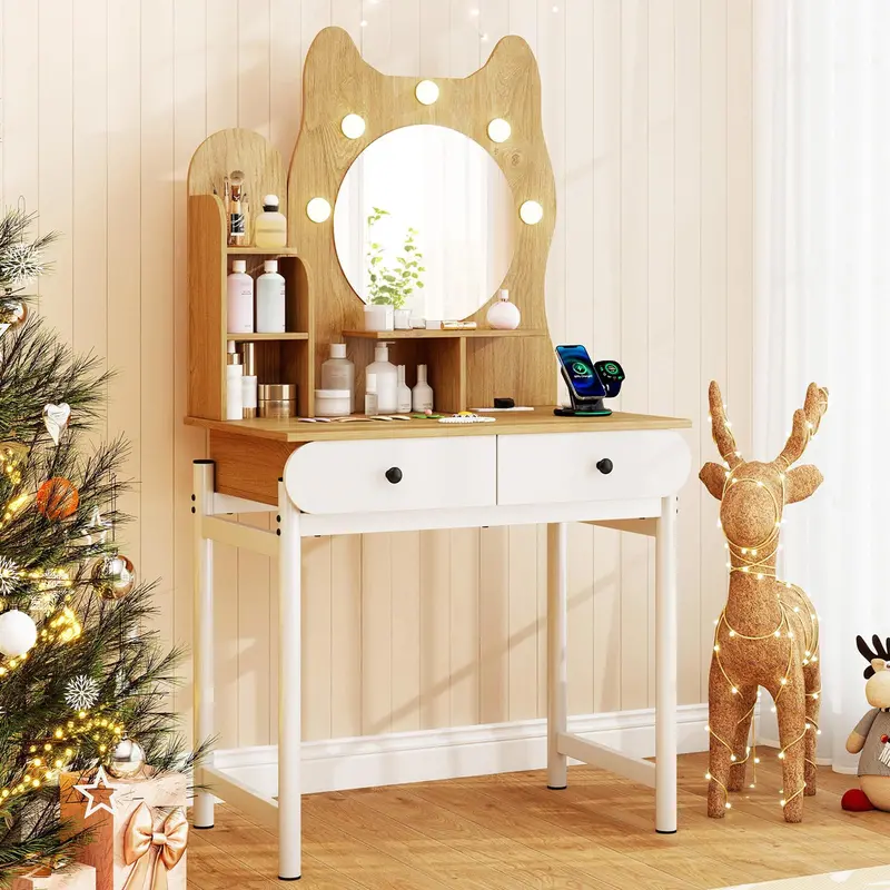 Charmaid Kitty-Themed Vanity Desk With Lighted Mirror, Power Outlets & Cute Accents 1