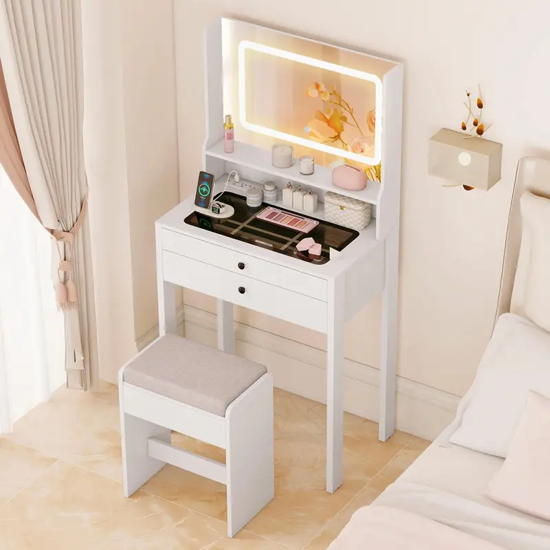 Charmaid Led Vanity Desk With Compact Lighted Mirror 1