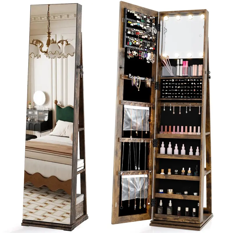 Charmaid Swivel Jewelry Armoire With Illuminated Makeup Mirror & Floor-Length Reflection 1