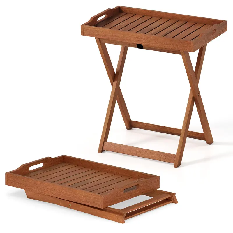 Compact Folding Wooden Side Table With Removable Tray Top For Patios & Decks 1