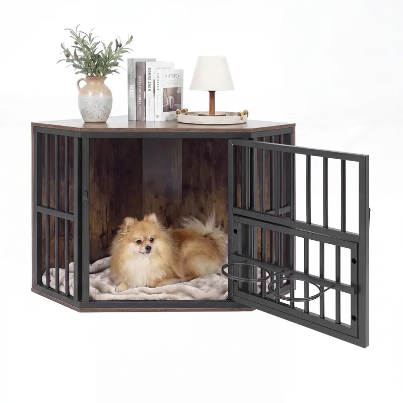 Corner Dog Crate Furniture With Adjustable, Reversible Elevated Pet Feeder 1