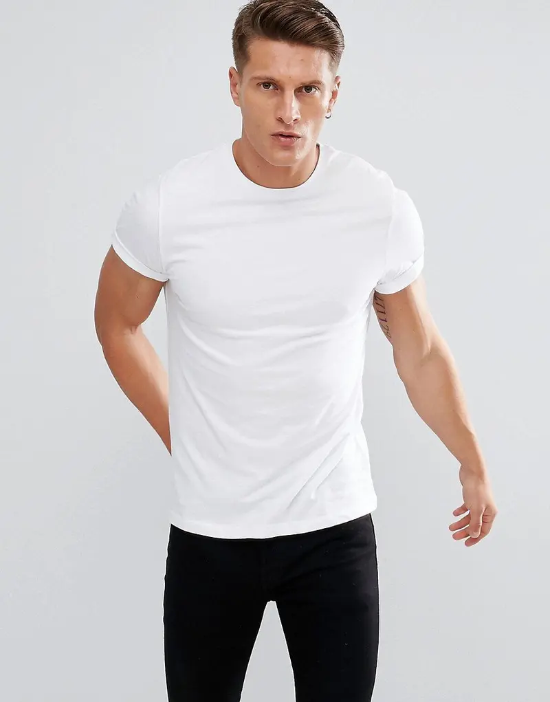 Crew-Neck White T-Shirt With Rolled Sleeves – Minimalist Cotton Top 1
