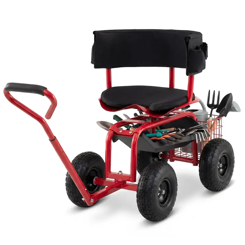 Cushioned Scooter-Style Garden Cart With Storage Basket And Integrated Tool Pouch 1