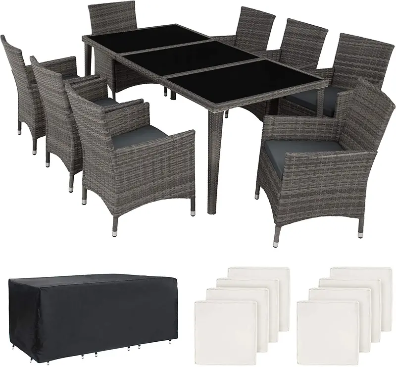 Dark Grey Woven Rattan Dining Set: 8 Chairs & Glass-Top Table 1