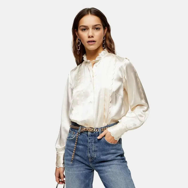 Ecru Satin Shirt With Scallop Hem 1