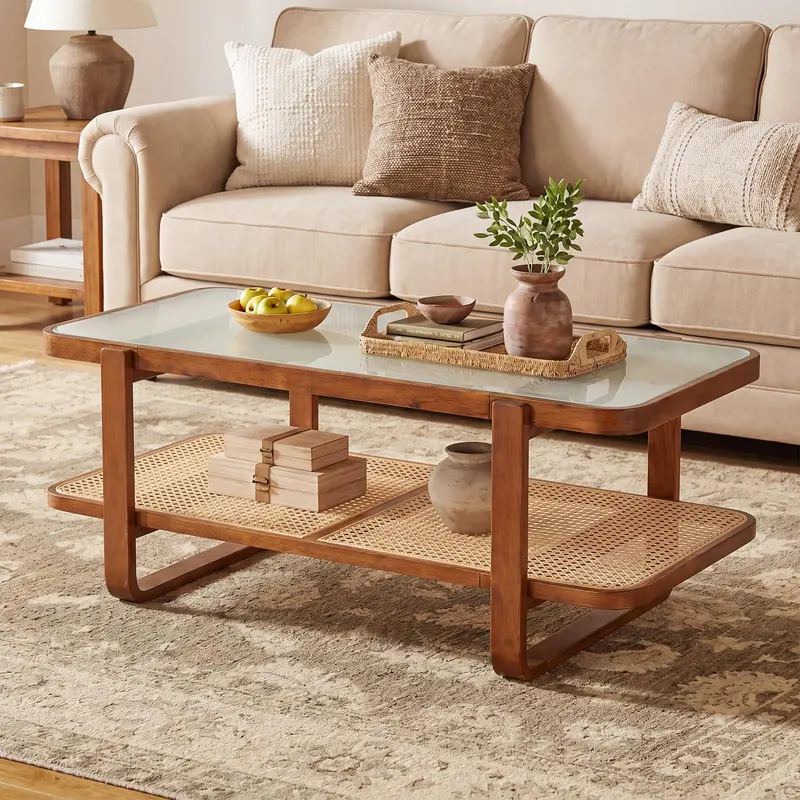 Farmhouse Rattan Coffee Table – 41.5-Inch Two-Tier Center Table With Frosted Glass Top 1