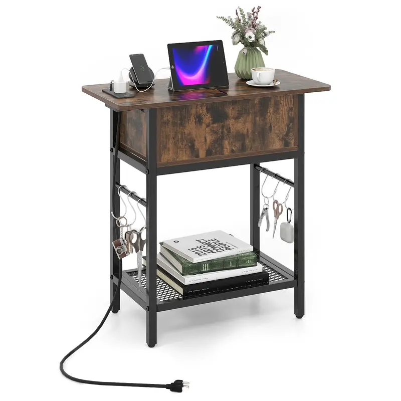 Flip-Top Nightstand With Usb And Usb-C Charging Ports And Compact Bedside Design 1