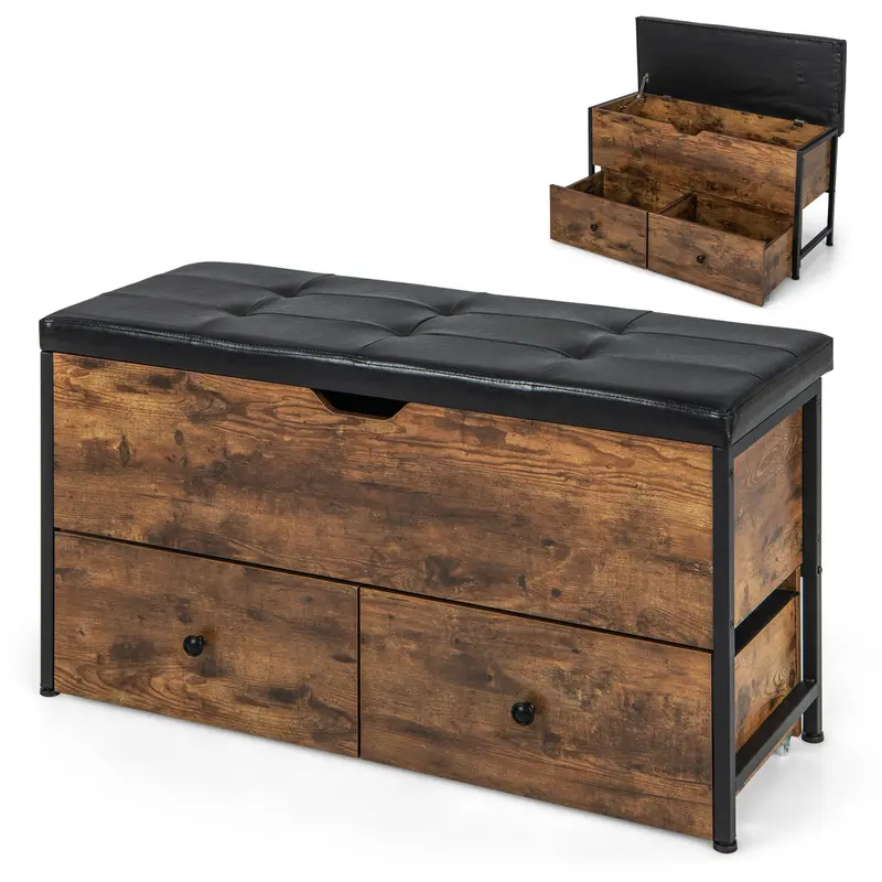 Flip-Top Storage Bench – Rustic Brown Ottoman With 2 Rolling Drawers And Lift-Up Lid 1