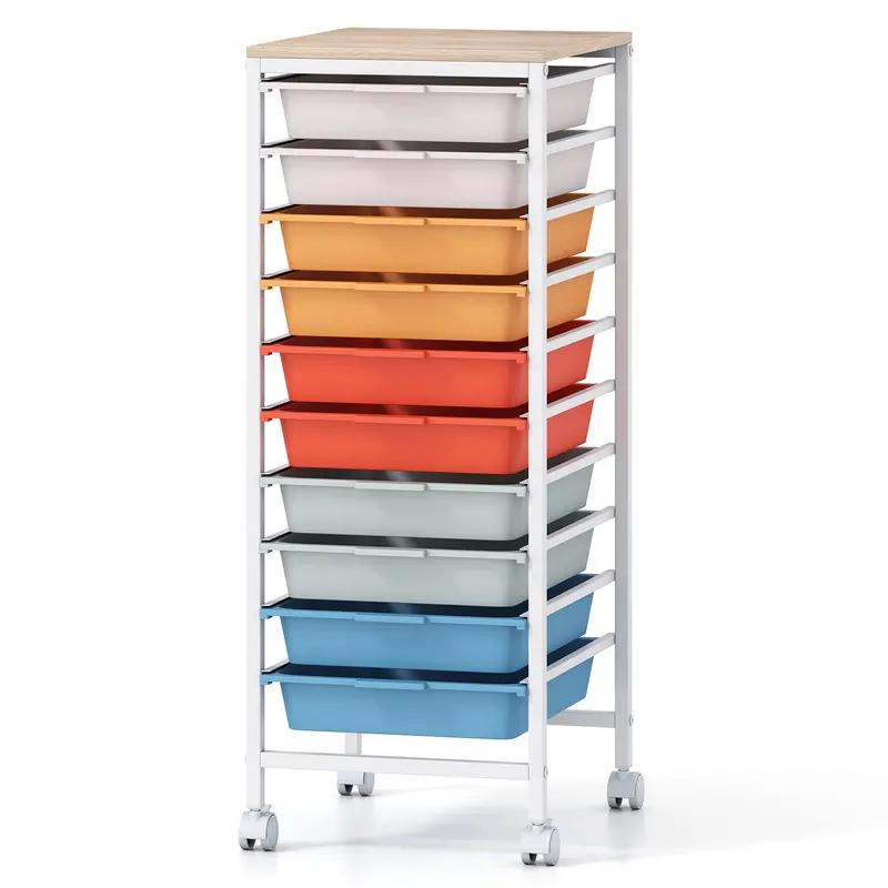 Giantex 10-Drawer Mobile Storage Cart With Wooden Top And Locking Casters 1