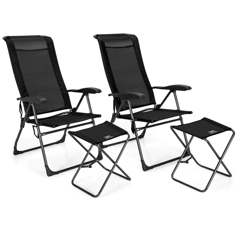 Giantex 2-Pack Sling Folding Patio Chairs + 2 Detachable Footrests – Black 1