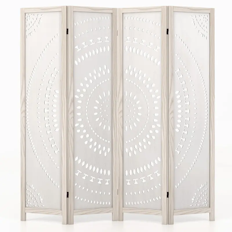 Giantex 4-Panel Boho Room Divider – Carved-Wood Accent Screen With Solid Frame & Decorative Panel Design 1