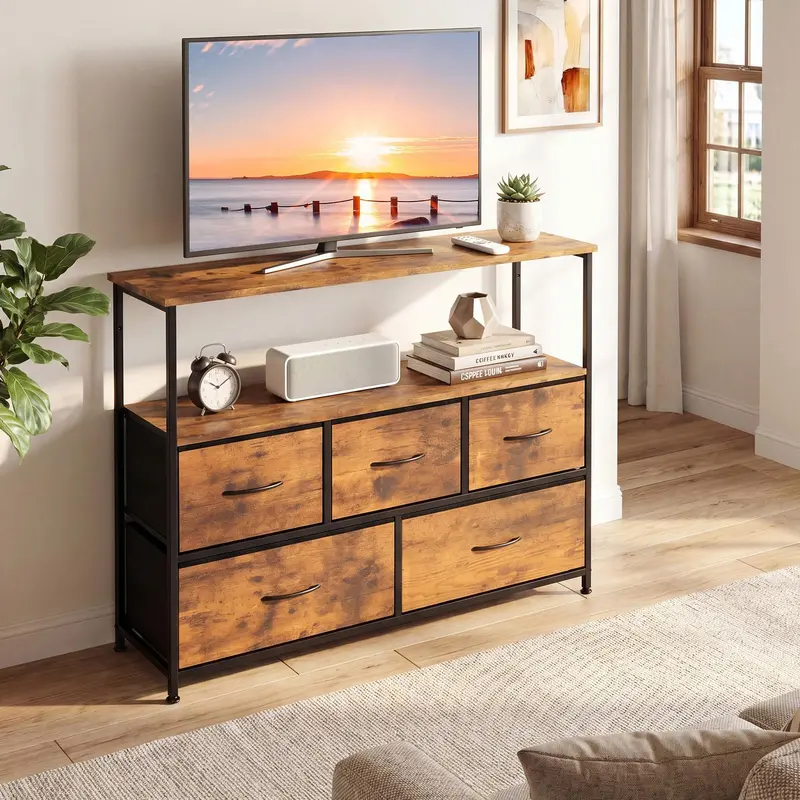 Giantex 45-Inch Tv Stand – Fabric-Drawer Entertainment Center With Open Shelving 1