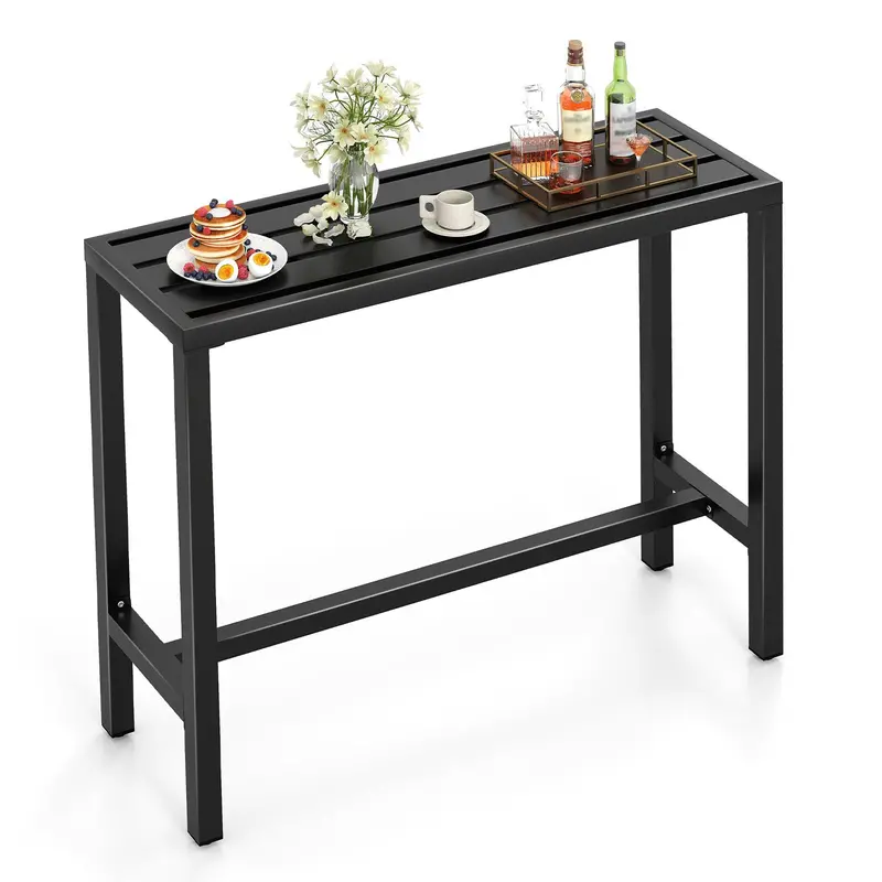 Giantex 48-Inch Black Outdoor Bar Table – Rectangle Counter-Height Design With Slatted Top & Integrated Footrest 1