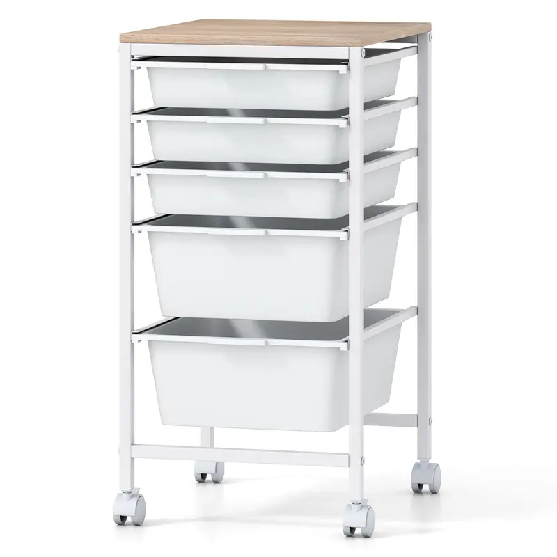 Giantex 5-Drawer Rolling Utility Cart With Solid Wood Tabletop And Brake Wheels 1