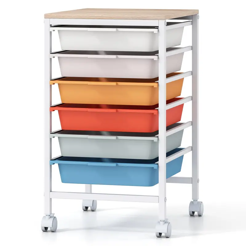 Giantex 6-Drawer Rolling Storage Unit With Natural Wood Tabletop 1