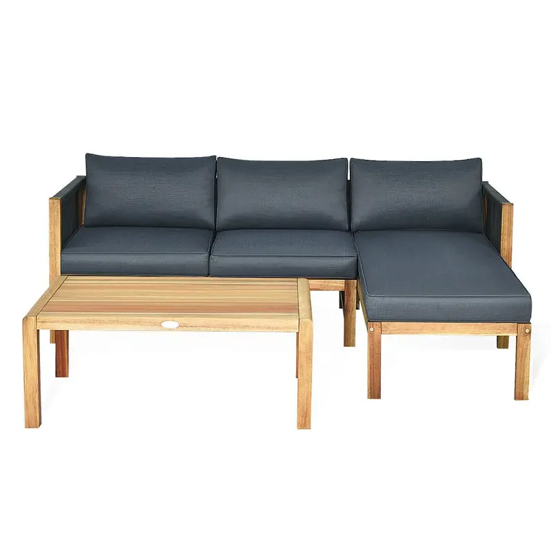 Giantex Acacia Wood Outdoor Sectional Set – 3-Piece Patio Sofa With Grey Cushions 1