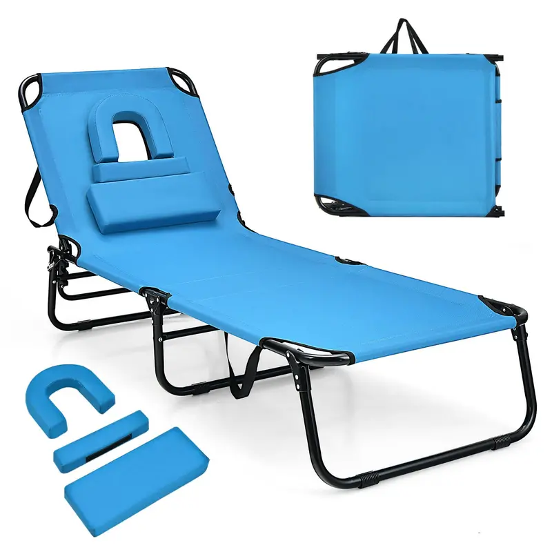 Giantex Adjustable Beach Lounge Chair – Folding Tanning Recliner With Face Opening, Removable Cushions, And Portable Strap 1