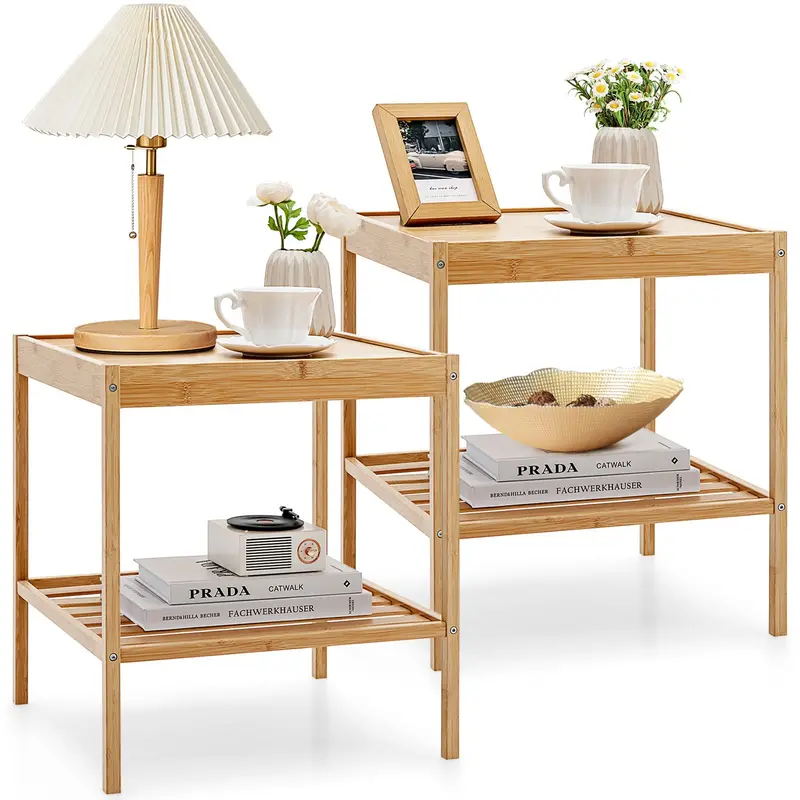 Giantex Bamboo Nightstand Pair – Minimalist Bedroom Side Tables With Natural Finish 1