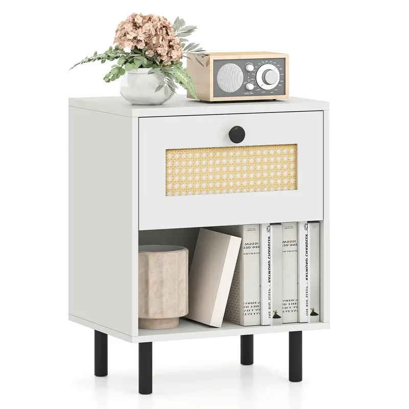 Giantex Bohemian Rattan Nightstand With Woven Drawer & Open Display Shelf 1
