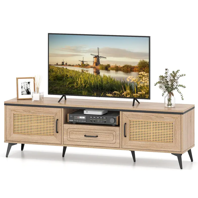 Giantex Boho-Style Tv Stand – Entertainment Center For 60–65 Inch Tvs With Concealed Cabinets 1