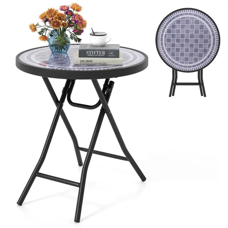 Giantex Compact Folding Outdoor Side Table – 18-Inch Round Tempered Glass Top With Sturdy Metal Base 1