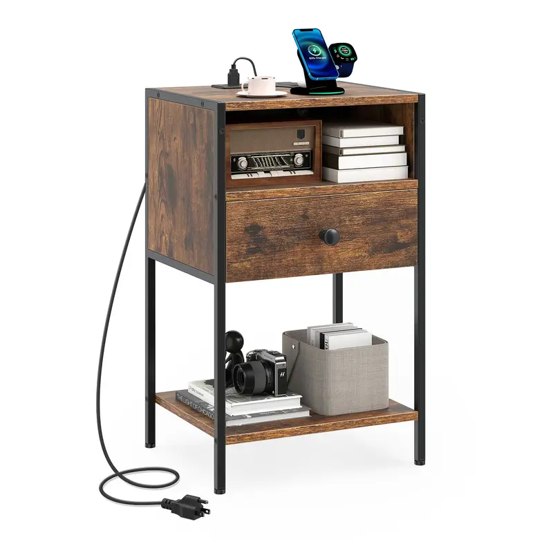 Giantex Compact Nightstand With Usb Charging Station—Ideal For Small Bedrooms 1