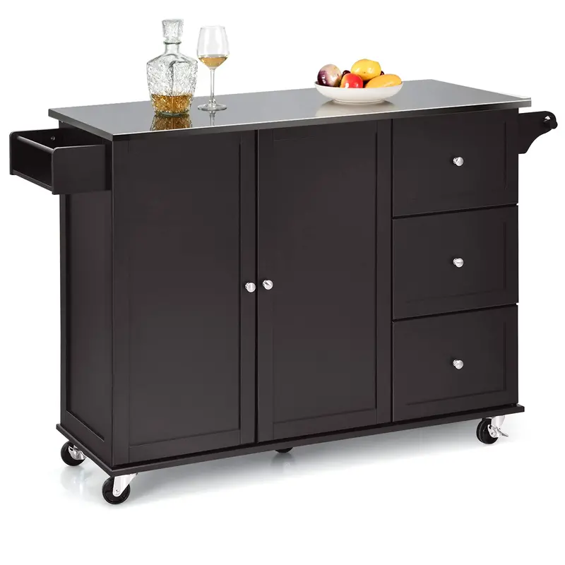 Giantex Dark Brown Kitchen Island With Stainless Steel Work Surface 1