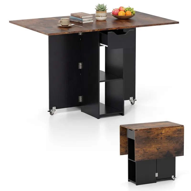 Giantex Drop-Leaf Folding Dining Table – 47.5-Inch Wooden Table With Shelf & Drawer 1