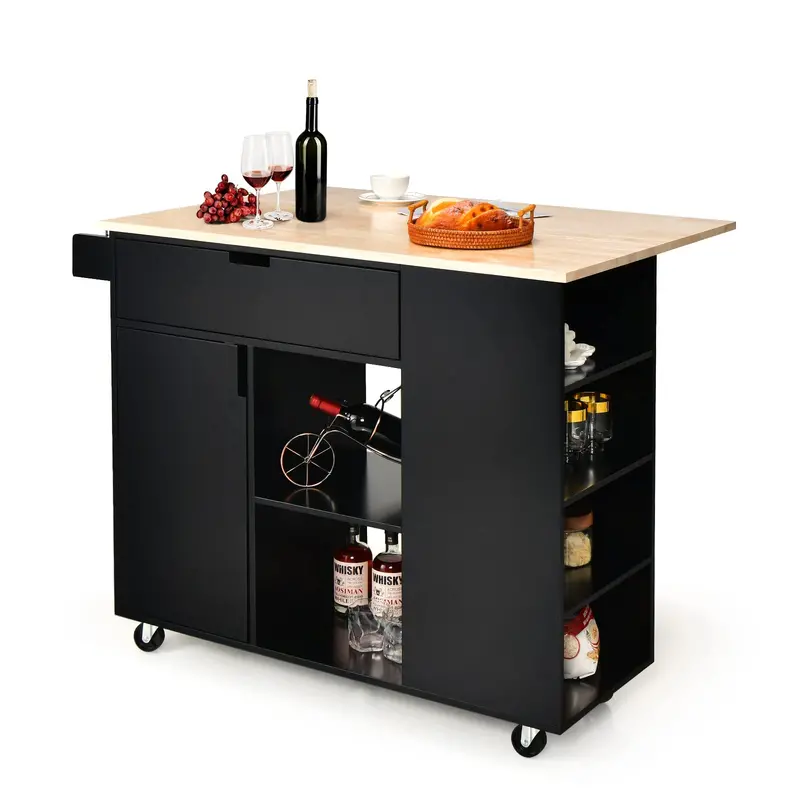 Giantex Drop-Leaf Rubberwood Kitchen Island Cart With Large Storage Drawer 1