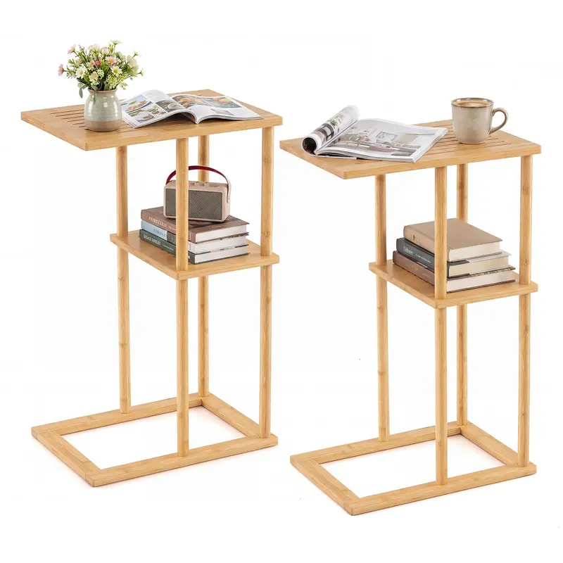 Giantex Dual Bamboo Side Tables Featuring Open Storage Shelves And Natural Wood Finish 1