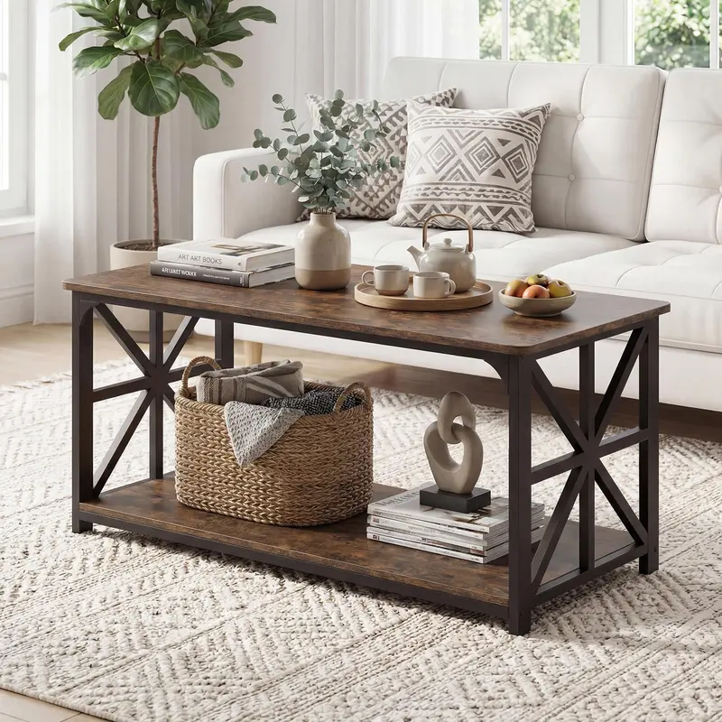 Giantex Farmhouse-Style 43-Inch Coffee Table Featuring X-Frame Design And Built-In Storage 1
