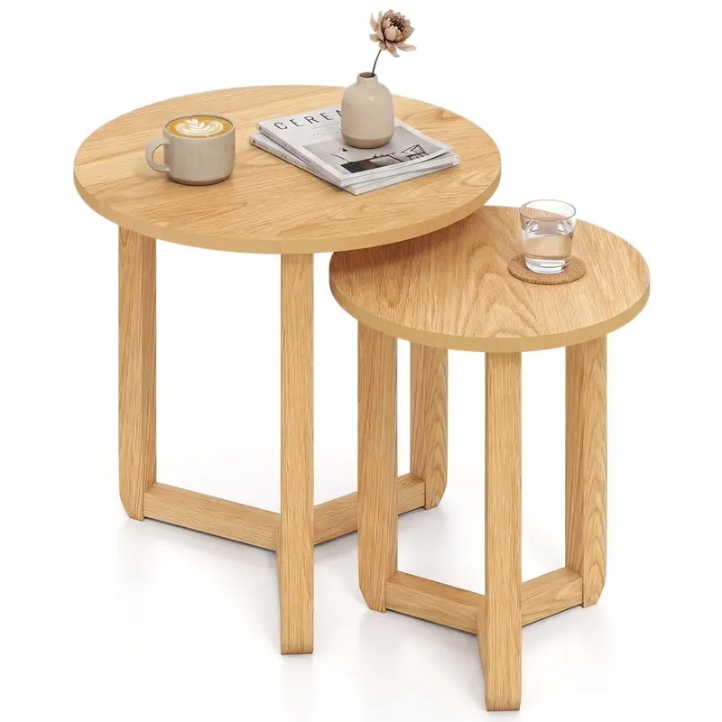 Giantex Farmhouse-Style Round Nesting Coffee Tables – Wood Set Of Two 1