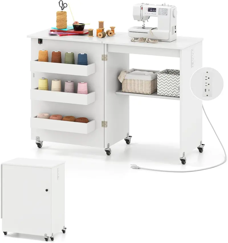 Giantex Foldable Sewing Craft Table With Integrated Charging Station 1