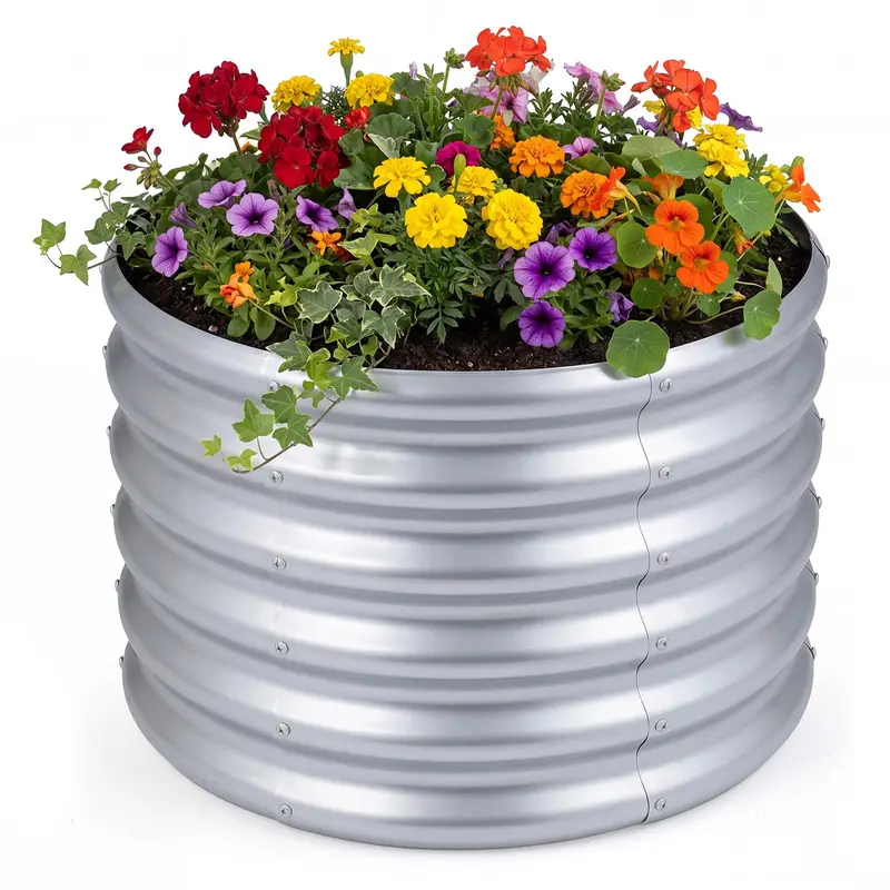 Giantex Galvanized Round Outdoor Planter – 2' X 2' X 1.5' With Drainage-Friendly Open Base 1